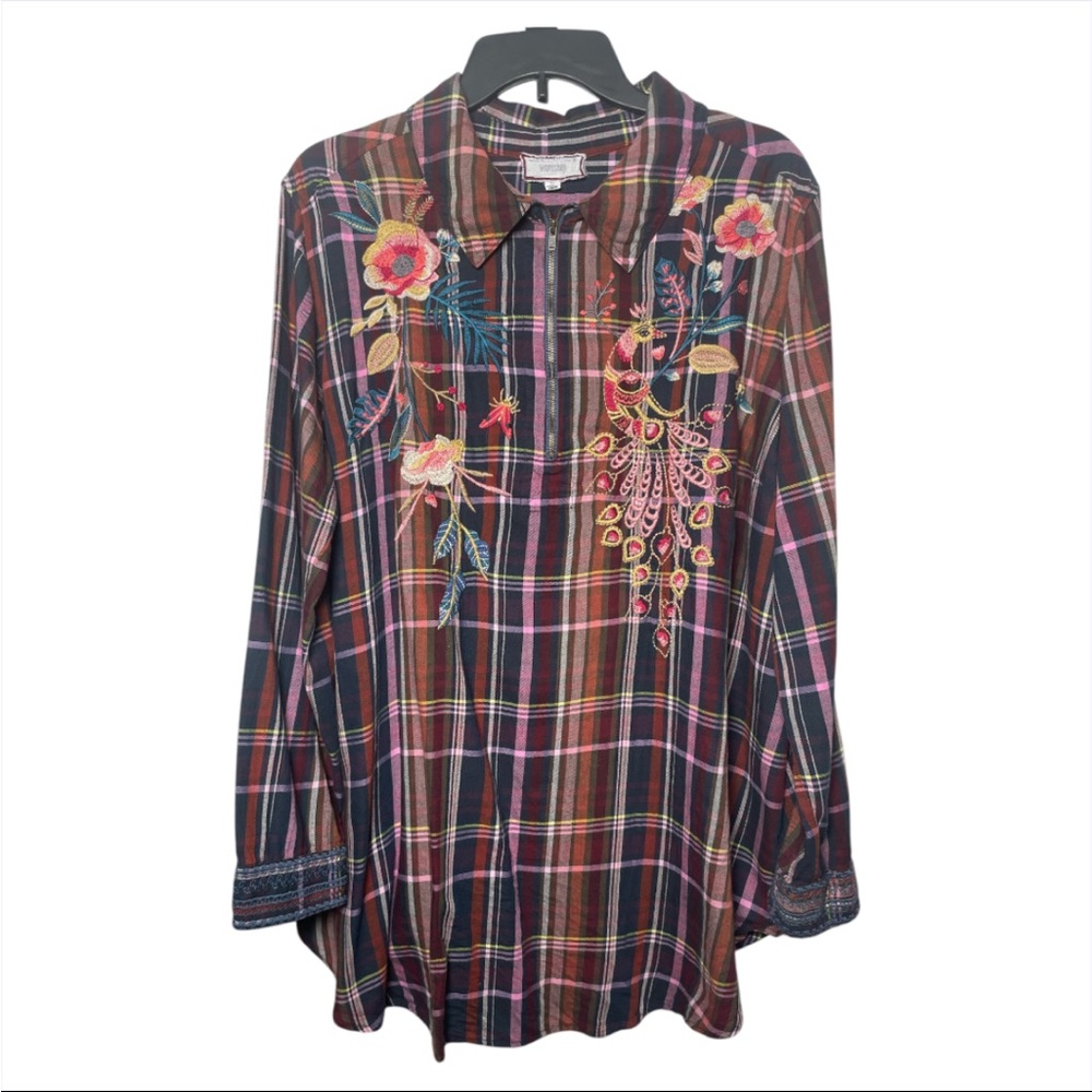 Johnny Was Women’s Shuri Plaid Embroidered 1/4-Zip Tunic Top Blouse 1X Boho Blue